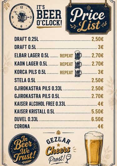 Vintage-style beer price list poster for The Sunset Drift Sea Side Tavern by John’s Guesthouse, feat