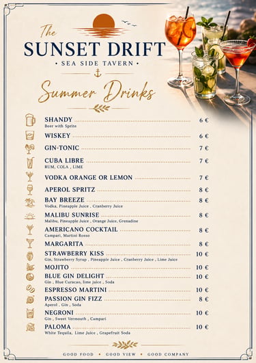 Summer drinks and cocktail menu for The Sunset Drift Tavern by John’s Guesthouse, featuring refreshi