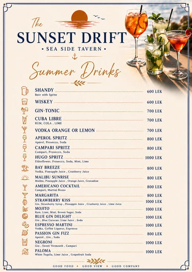 Summer drinks and cocktail menu for The Sunset Drift Tavern by John’s Guesthouse, featuring refreshi