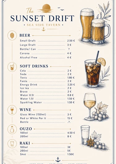 Drinks menu for The Sunset Drift Tavern by John’s Guesthouse, featuring beer, soft drinks, wine, ouz