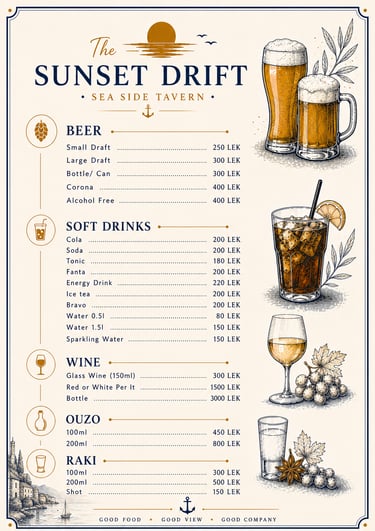 Drinks menu for The Sunset Drift Tavern by John’s Guesthouse, featuring beer, soft drinks, wine, ouz