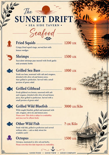 Seafood menu for The Sunset Drift Tavern by John’s Guesthouse, featuring grilled sea bass, grilled g