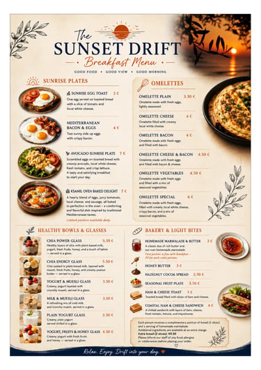 Breakfast menu for The Sunset Drift Tavern by John’s Guesthouse, featuring sunrise plates, omelettes