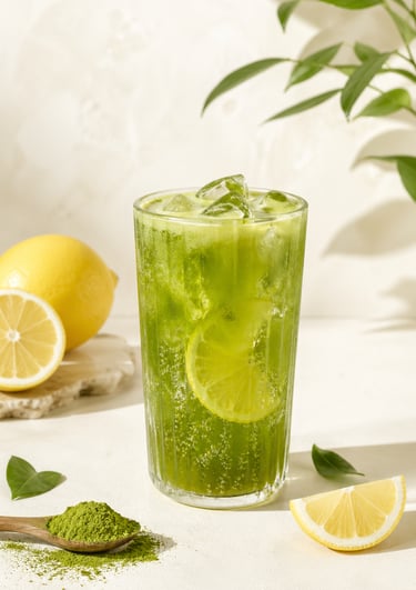 Iced matcha lemonade in a tall glass with fresh lemon slices and green tea powder.