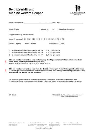 Beitrittserklärung für eine weitere Gruppe Vorschau