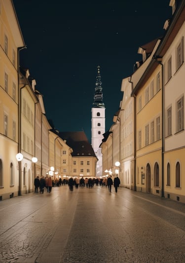 a street scene with a clock tower in the middle of the street