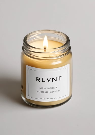 A lit candle in a sleek jar, casting a warm glow on a rustic wooden shelf.