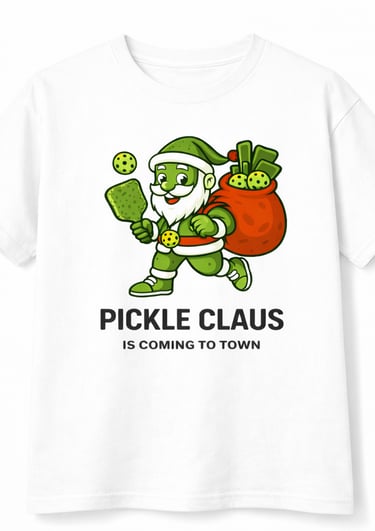 White t-shirt featuring a green Santa Claus pickleball cartoon with Pickle Claus Is Coming To Town text.