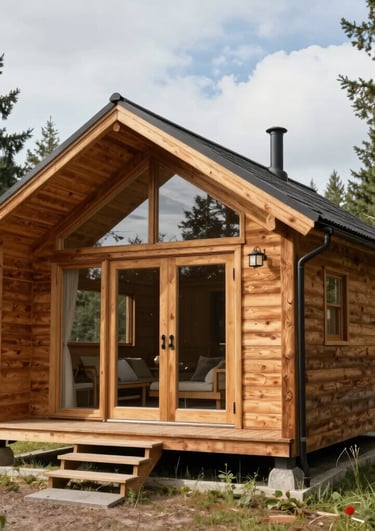 Cozy wooden cabin surrounded by pine trees at sunset.