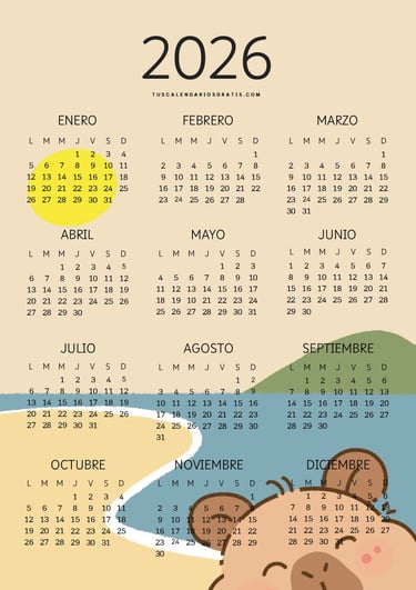Bonito calendario anual 2026 con diseño de capibara kawaii a todo color