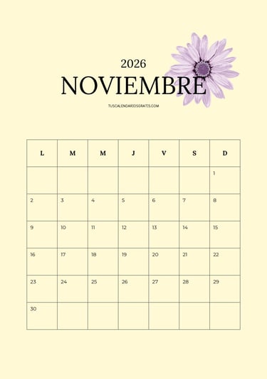 Calendario mensual mes de noviembre floral minimalista con fondo amarillo para imprimir