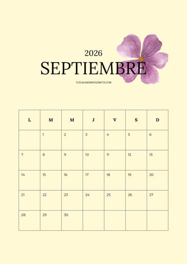 Calendario mensual mes de septiembre floral minimalista con fondo amarillo para imprimir