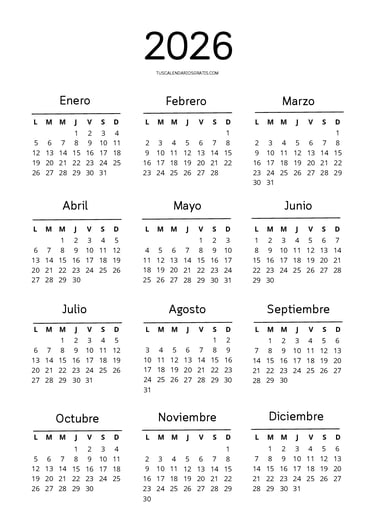 CAlendario anual 2026 minimalista cloud soft diseño muy limpio y minimalista