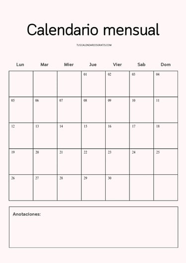 CAlendario mensual minimalista para imprimir