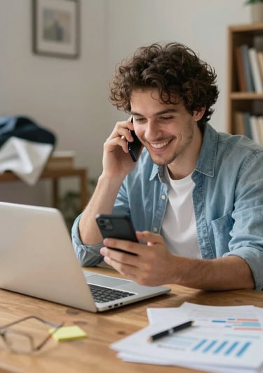 A clean, modern workspace with a tablet displaying colorful financial charts and graphs.