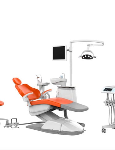Professional orange dental chair unit with overhead LED light, monitor, and mobile dentist cart.