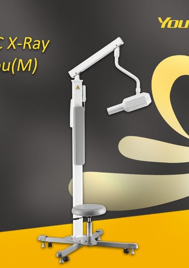 Portable Youjoy AC X-ray machine with adjustable arm and dental chair on a rolling base.