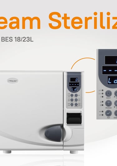 Class B steam sterilizer autoclave with digital control panel and status display for medical equipment.