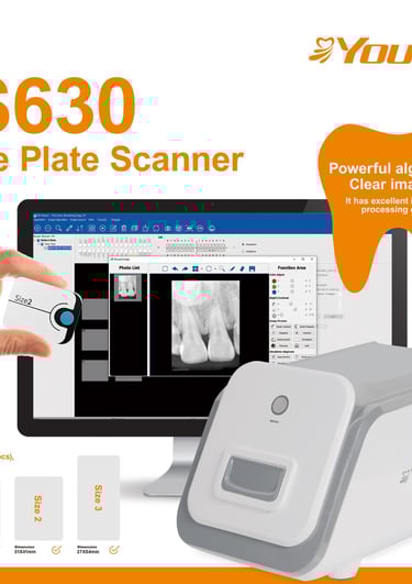 Youjoy US630 dental image plate scanner showing digital X-ray processing software and multiple sensor sizes.