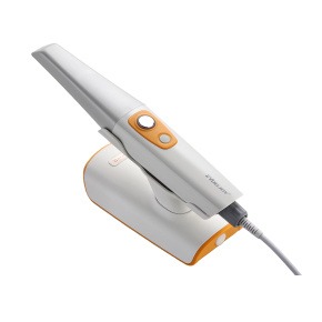 Handheld intraoral scanner on a charging base for digital dental impressions and 3D imaging.