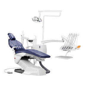 Professional blue dental chair unit with exam light and integrated tool delivery system on white background.