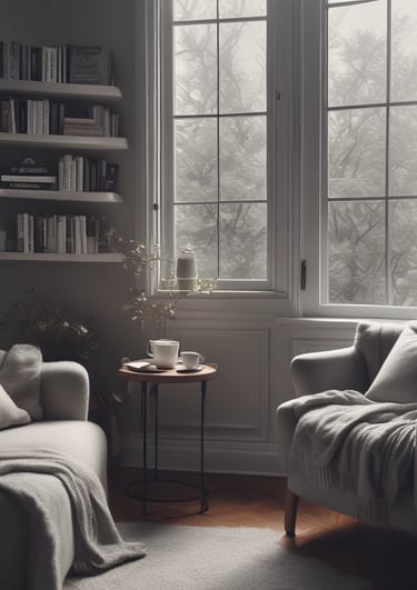 A cosy fireplace with a chair in front of it with an open book on the table beside it - light orange