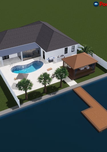 Modern backyard design with luxury swimming pool, gazebo, and private boat dock.