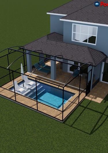 3D design of a modern backyard swimming pool with a black screened-in enclosure and sun shelf.