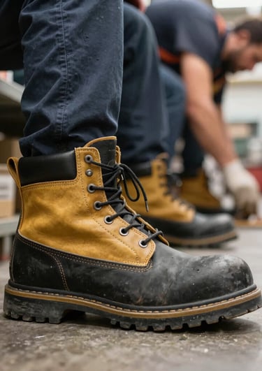Sturdy steel-toe boots resting on a concrete floor with light dust.