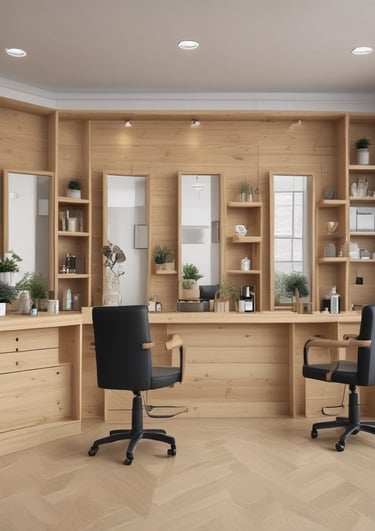 A cozy beauty salon corner featuring handcrafted pine wood furniture including a nail station and treatment bed.