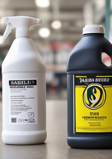 Close-up of vibrant industrial chemical containers neatly arranged on shelves.