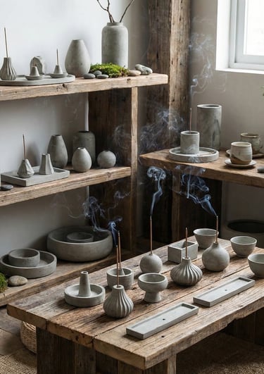 A decorative shelf display with vases, a palo santo holder, a pillar candle holder, arranged as cohesive home decor.