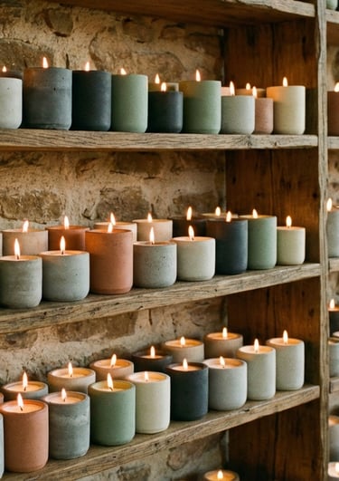 A cozy shelf display of handmade jar candles in a rustic workshop setting.