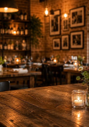 Cozy rustic restaurant interior with candlelit wooden tables and warm ambient lighting.