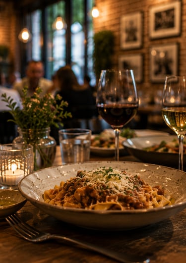Authentic Italian pasta dinner with red wine and sliced bread at a cozy, candlelit restaurant.