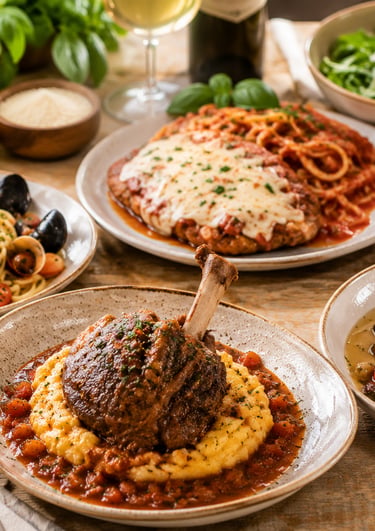 A gourmet Italian dinner spread featuring lamb shank, chicken parmesan, salmon, and seafood pasta.