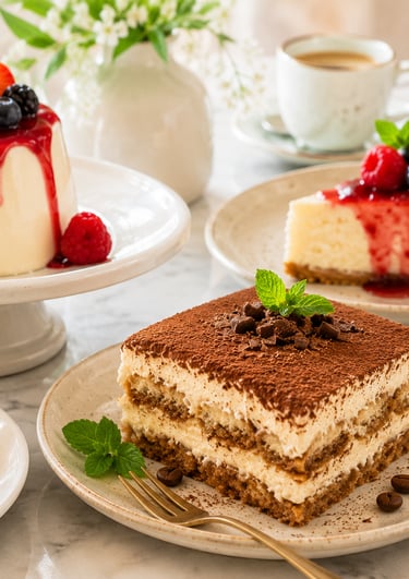 Selection of Italian desserts including tiramisu, panna cotta, cheesecake, and cannoli on a table.