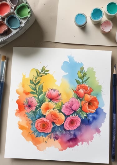 A kawaii style illustration of watercolor paints and brushes arranged neatly on a desk.