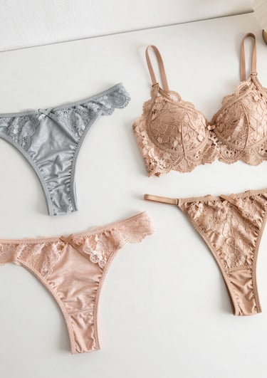 Rose gold themed lingerie set displayed on a soft fabric background
