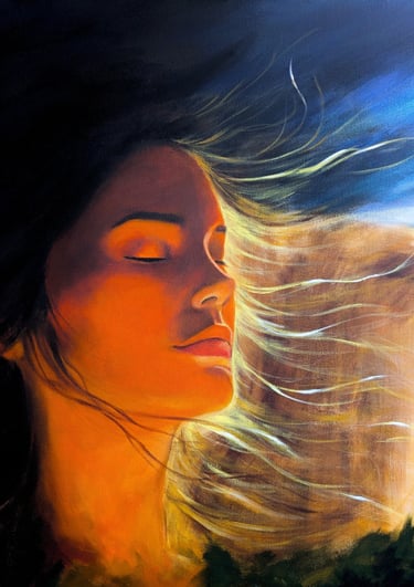 Becoming close up of woman with lit hair and eyes closed original painting by Geeta Arya
