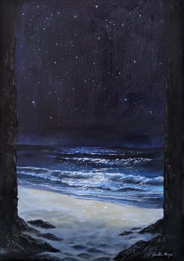 Wide expanse of night sky, sea, and white sand seen from a dark threshold. Original painting by Geeta Arya.