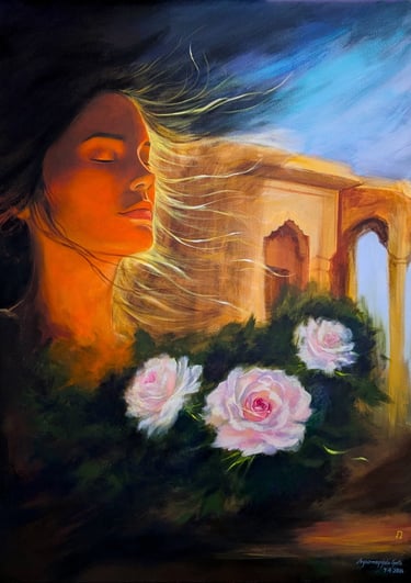 Woman with eyes closed, roses and palace, worlds emerging and dissolving in inner stillness, Becoming painting by Geeta Arya