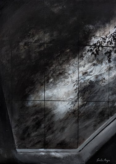 Light and Shadows dance like a silent black and white movie on a corporate office wall. Silent Play, Original by Geeta Arya