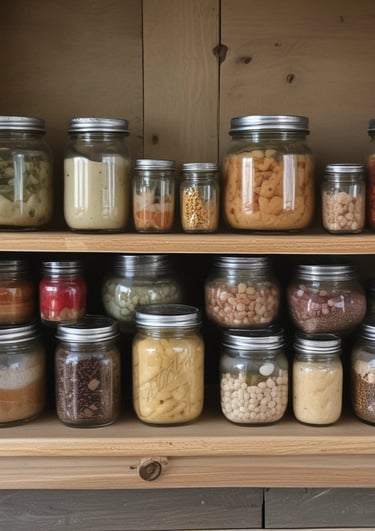 mutliple jars filled with different goods on a wooden farm stand table 