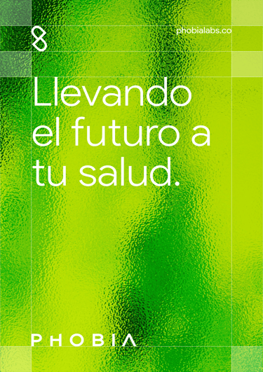 Cartel de Phobia Labs con fondo verde y textura de cristal