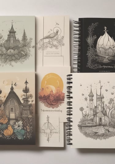 A vibrant collection of personalized notebooks with colorful covers displayed on a wooden desk.