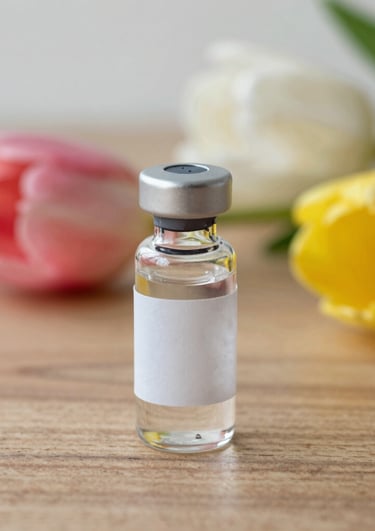 Close-up of vials filled with colorful research peptides arranged on a lab bench.