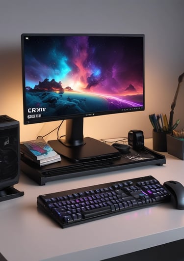 Minimalist white background with a sleek computer and tech accessories setup.