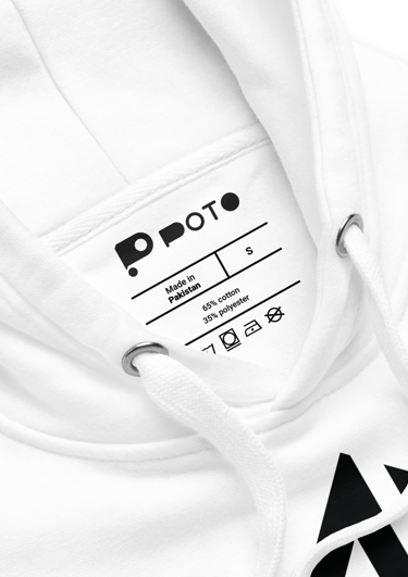 Close-up of a white cotton polyester blend hoodie featuring a printed neck label and drawstring hood.