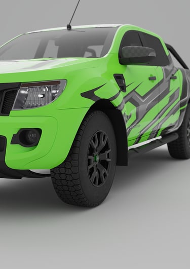 A lime green Ford Ranger pickup truck with custom vinyl graphics and off-road tires.